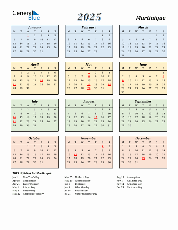 Martinique Calendar 2025 with Monday Start