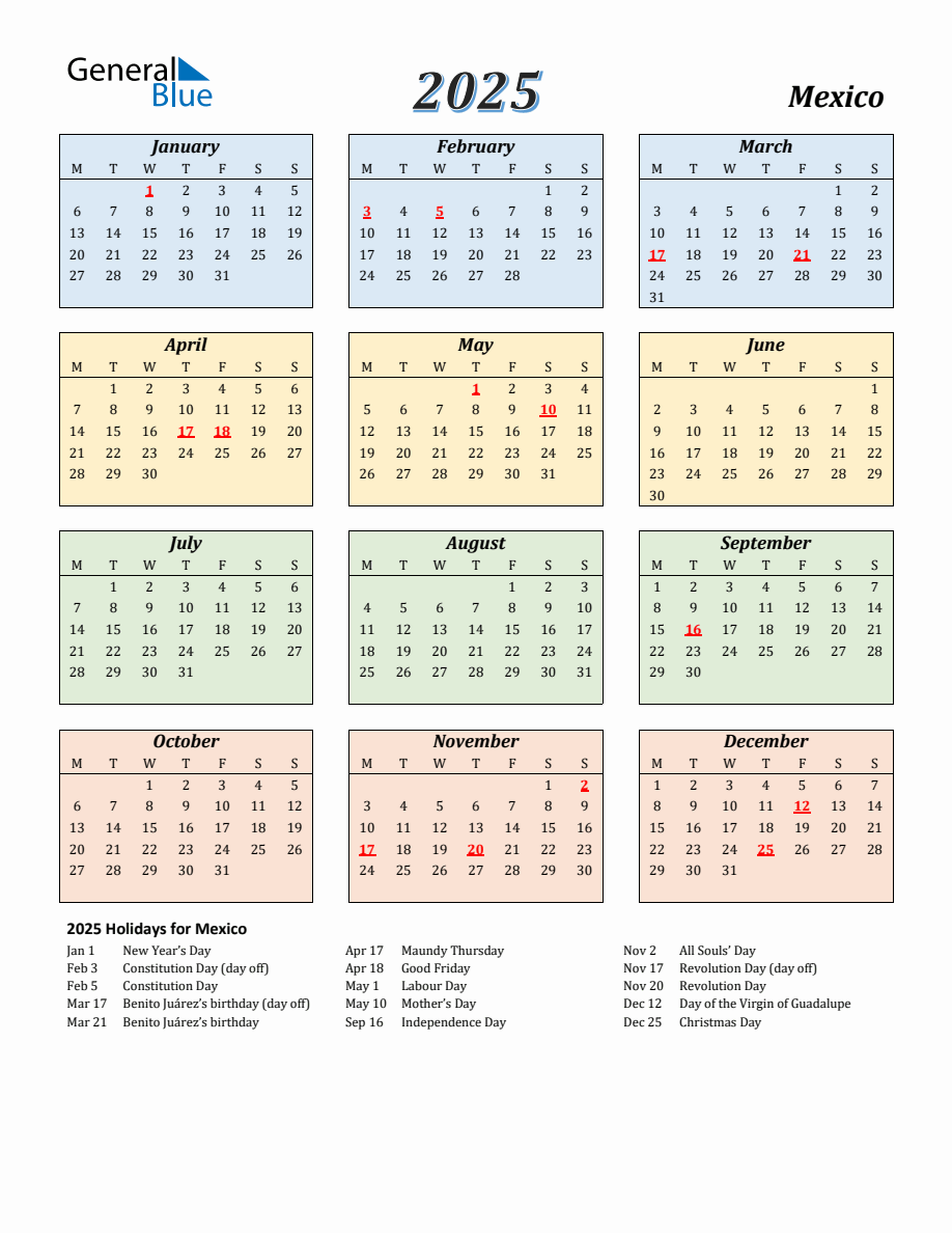 2025 Mexico Calendar with Monday Start