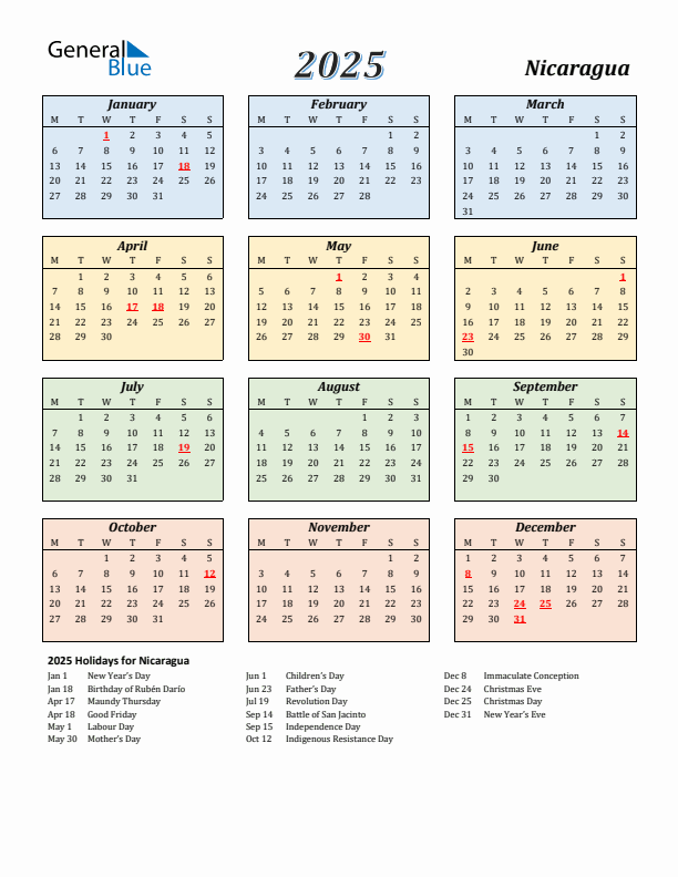 Nicaragua Calendar 2025 with Monday Start
