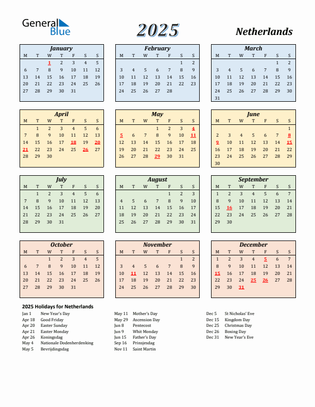 2025 Holiday Calendar for Netherlands Monday Start