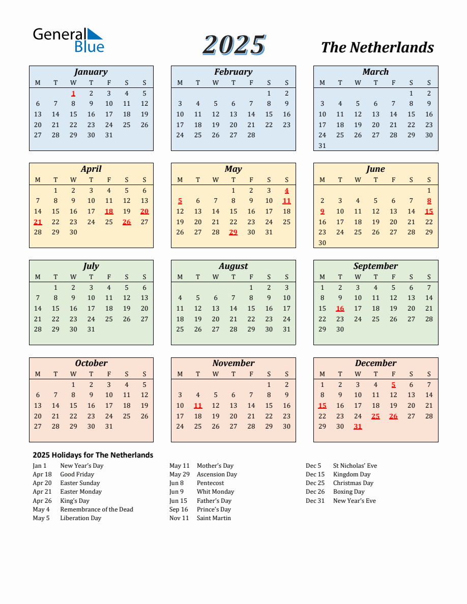 2025 The Netherlands Calendar with Monday Start