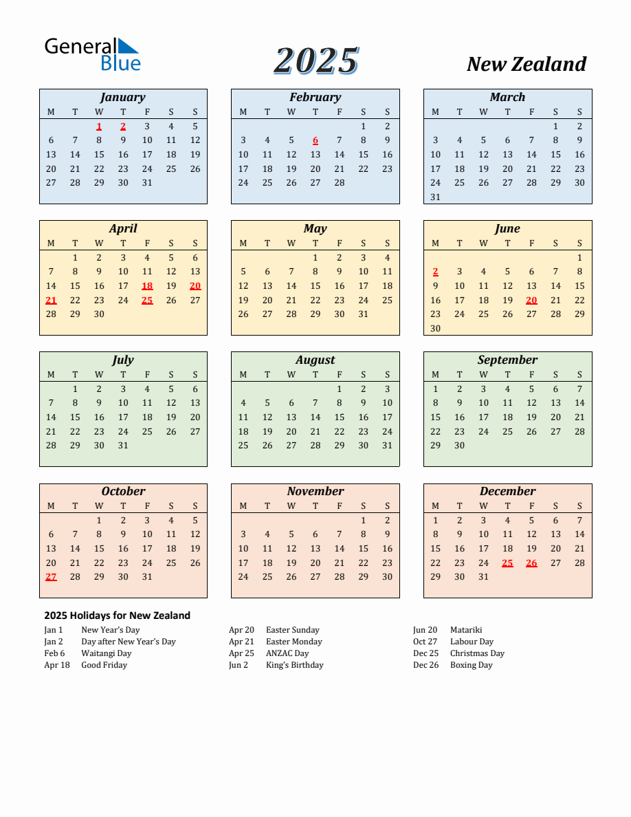 2025 New Zealand Calendar with Monday Start