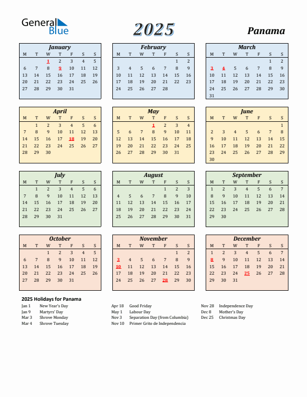 Panama Calendar 2025 with Monday Start