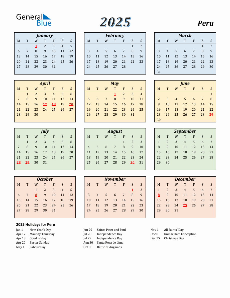 2025 Peru Calendar with Monday Start