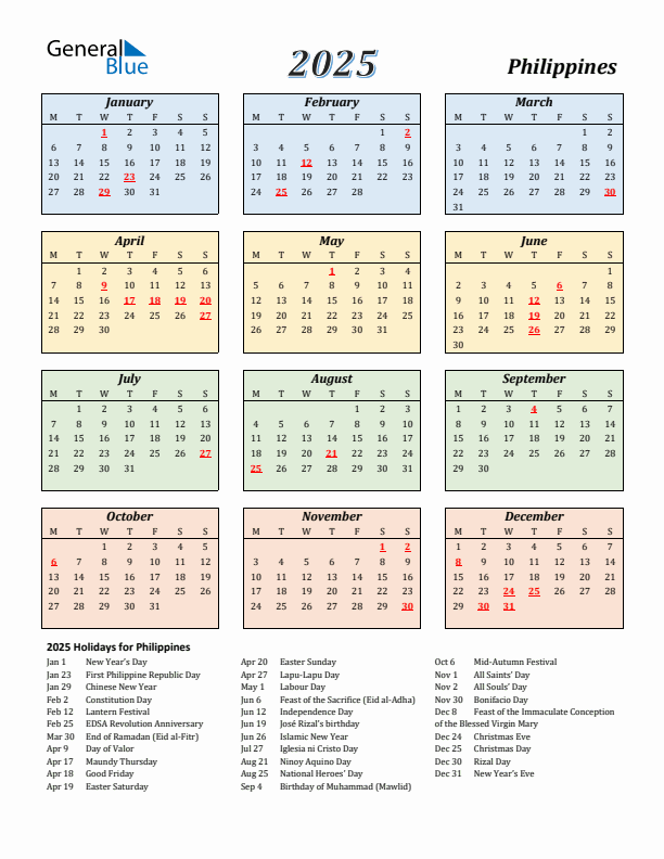 Philippines Calendar 2025 with Monday Start
