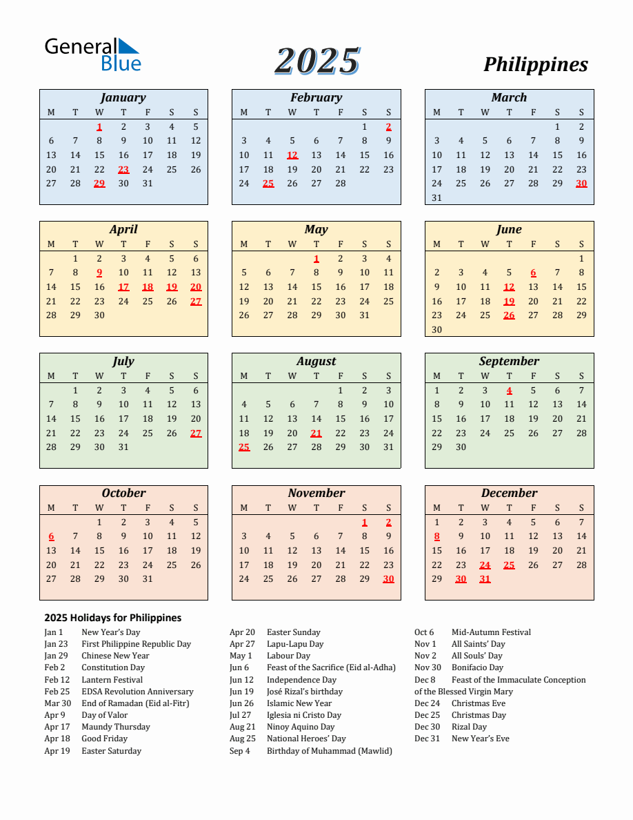 2025 Philippines Calendar with Monday Start