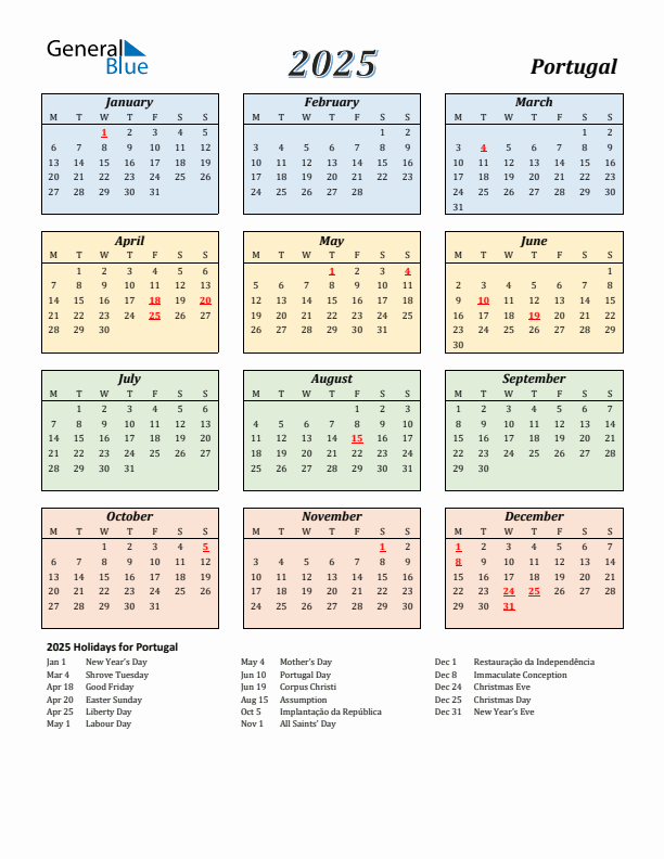 Portugal Calendar 2025 with Monday Start