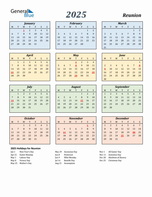 Reunion Calendar 2025 with Monday Start