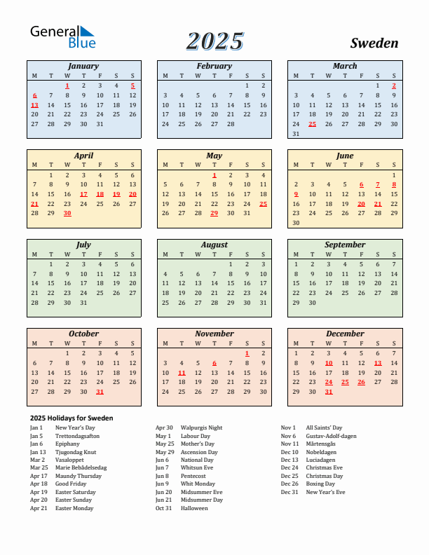 Sweden Calendar 2025 with Monday Start