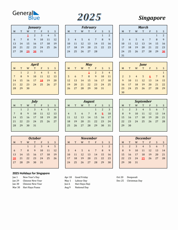 Singapore Calendar 2025 with Monday Start