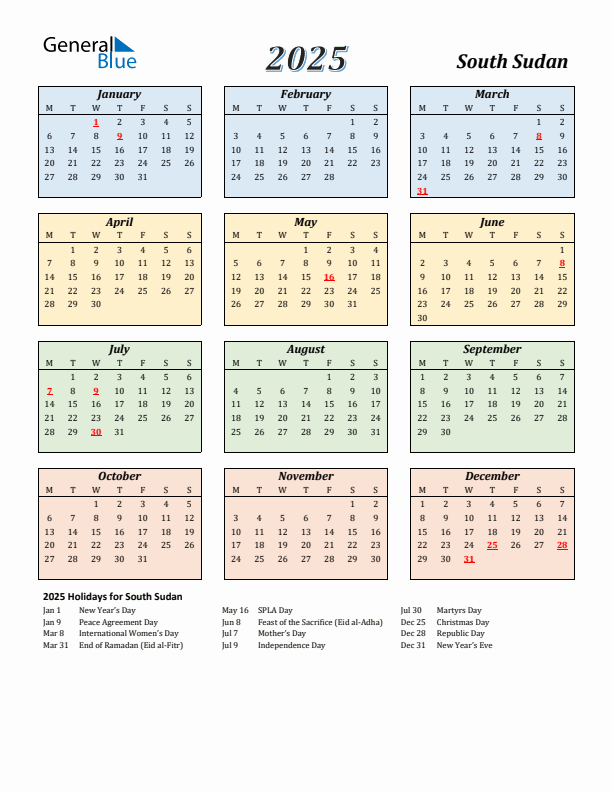South Sudan Calendar 2025 with Monday Start