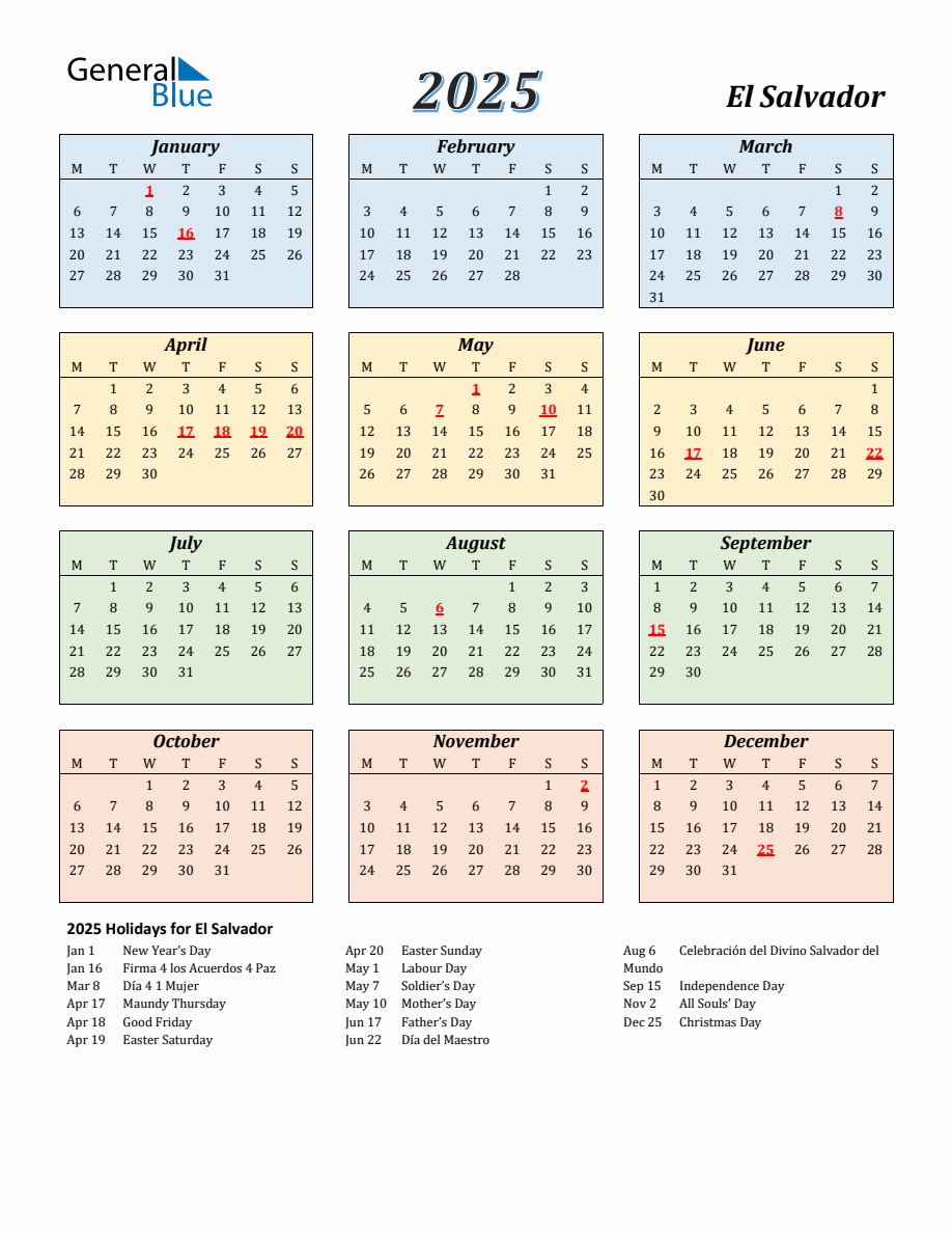 2025 El Salvador Calendar with Monday Start