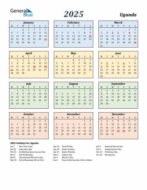 Uganda Calendar 2025 with Monday Start