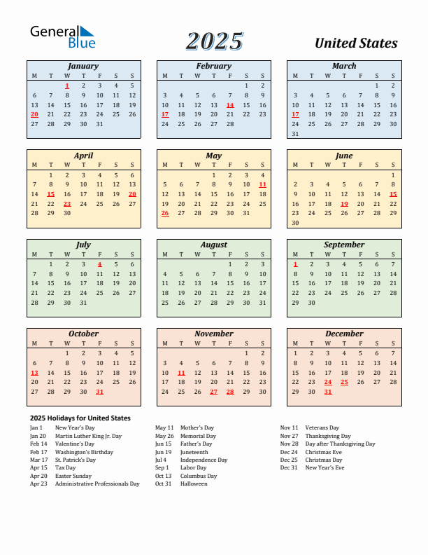 United States Calendar 2025 with Monday Start