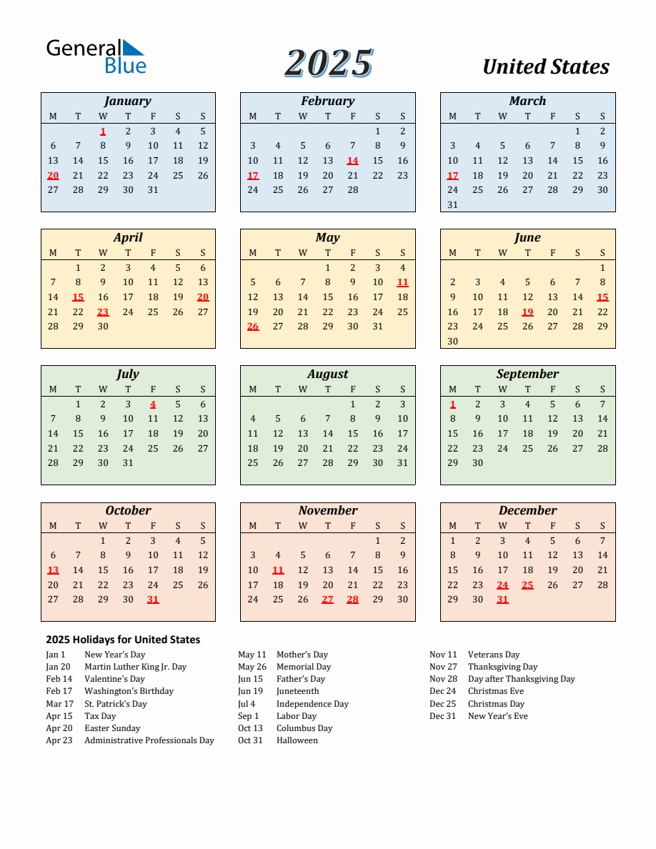 2025 United States Calendar with Monday Start