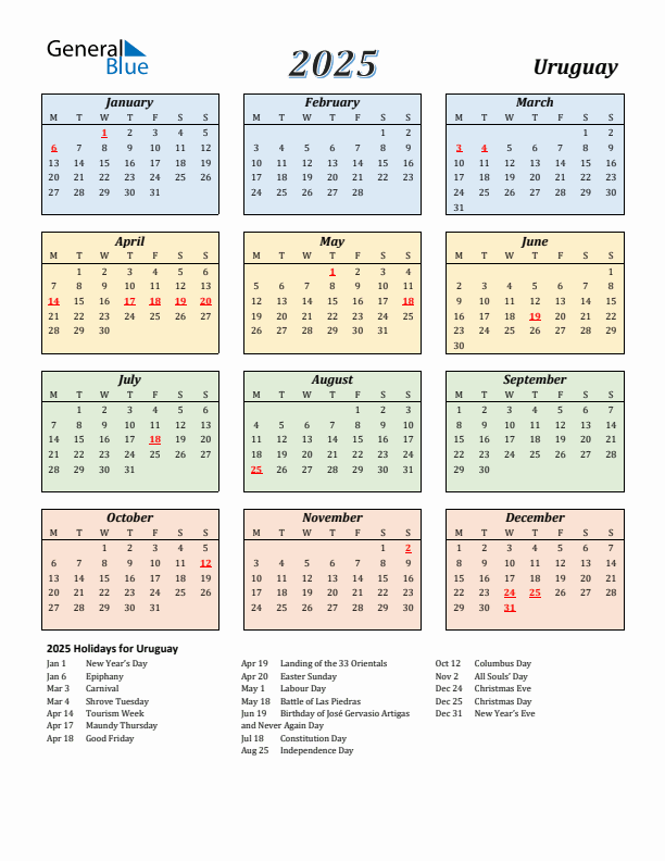 Uruguay Calendar 2025 with Monday Start