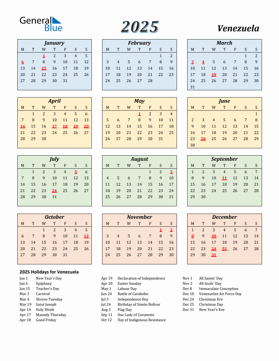 2025 Venezuela Calendar with Monday Start