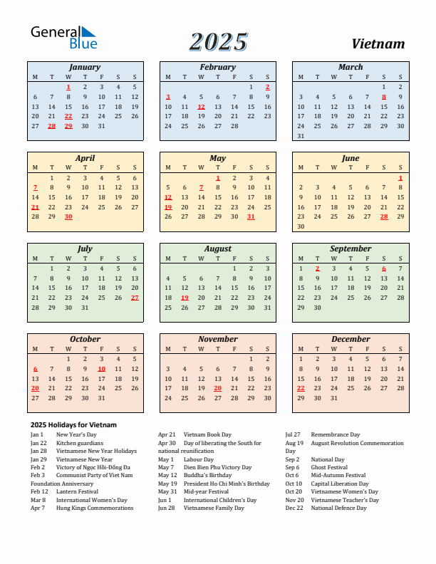 Vietnam Calendar 2025 with Monday Start