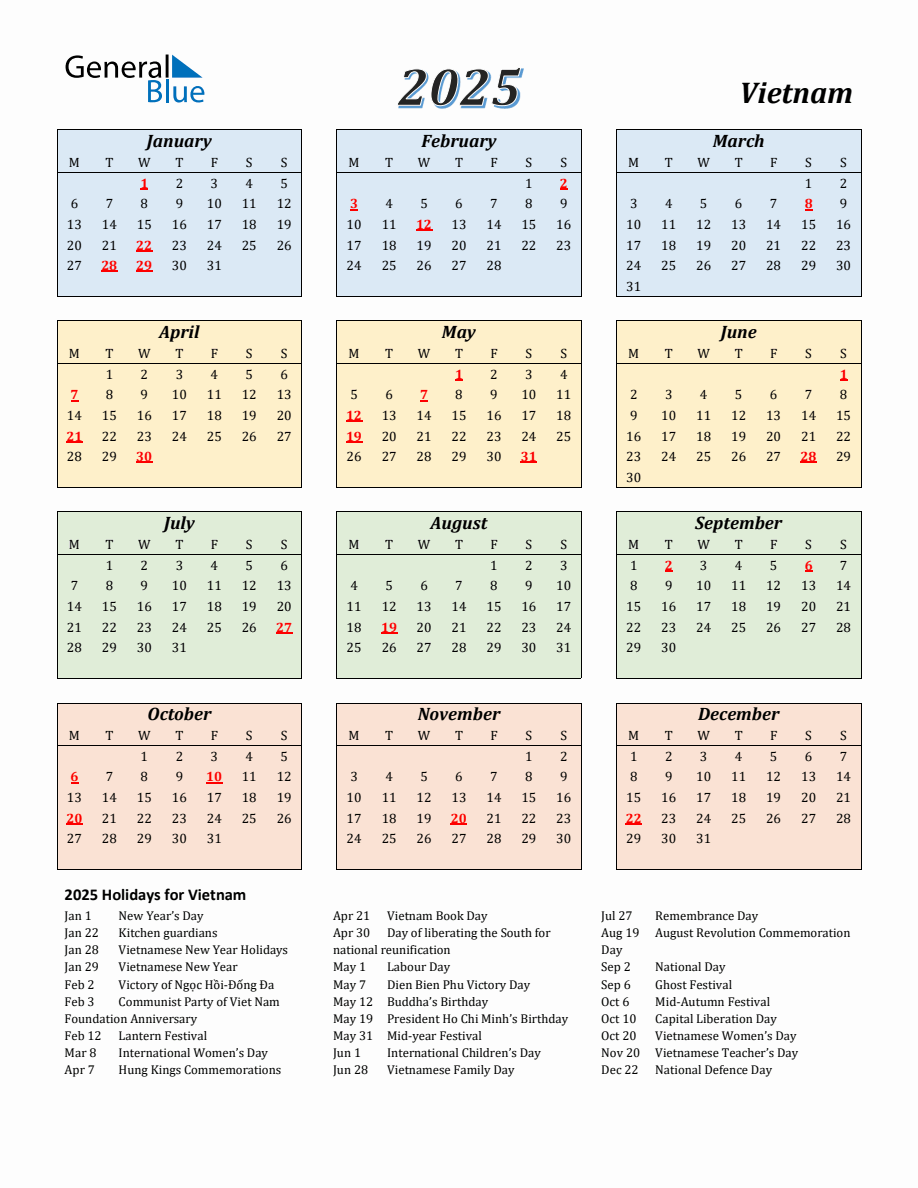 2025 Vietnam Calendar with Monday Start