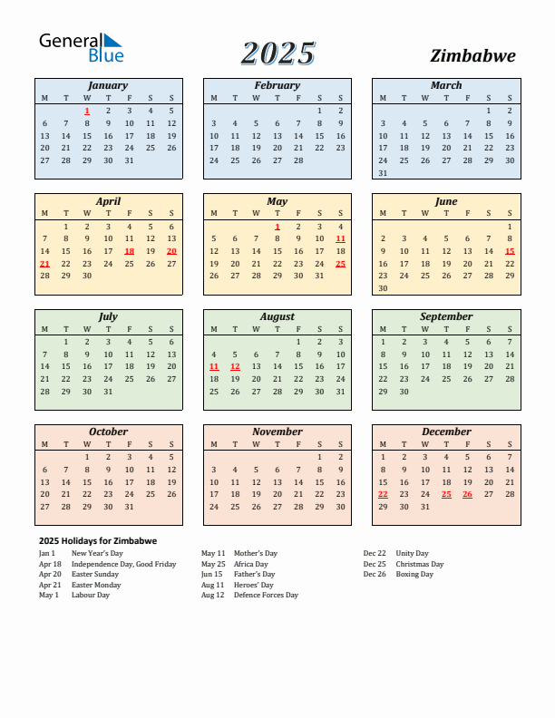 Zimbabwe Calendar 2025 with Monday Start