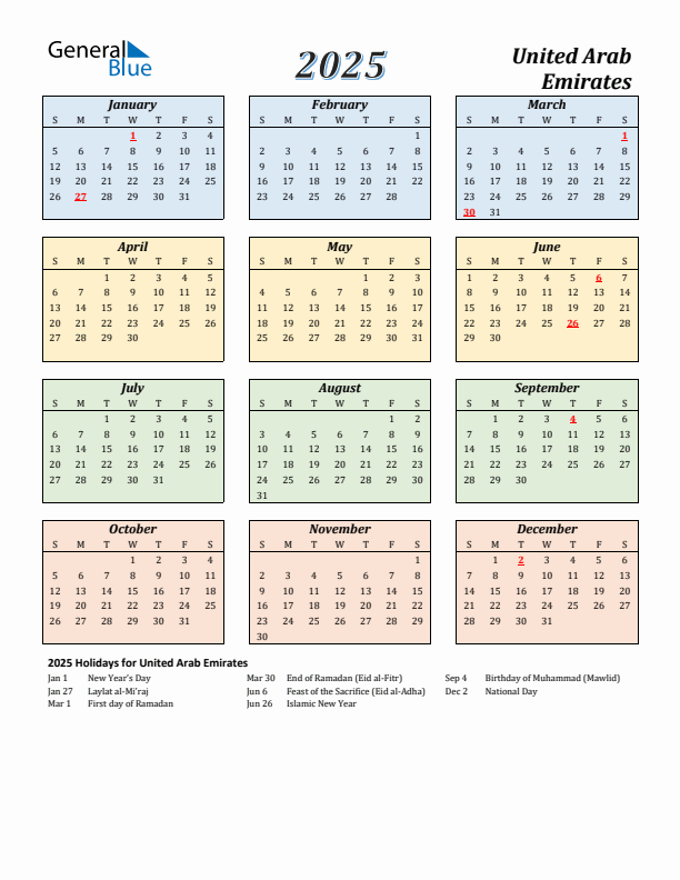 United Arab Emirates Calendar 2025 with Sunday Start