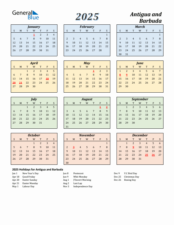 Antigua and Barbuda Calendar 2025 with Sunday Start