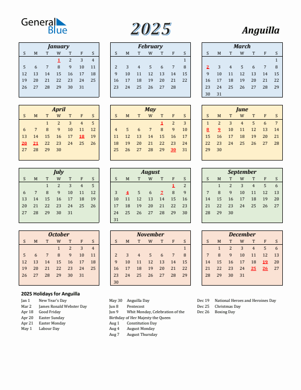 Anguilla Calendar 2025 with Sunday Start