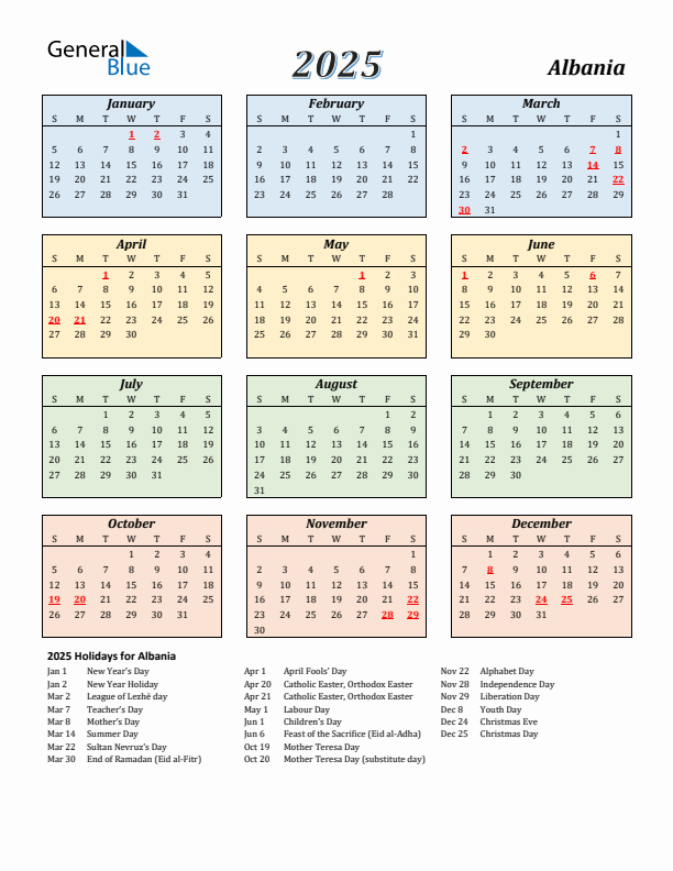 Albania Calendar 2025 with Sunday Start