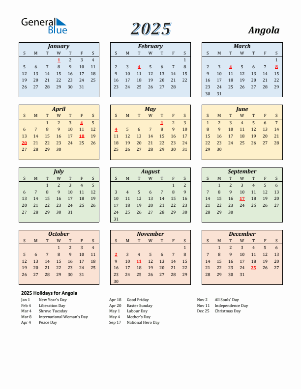 Angola Calendar 2025 with Sunday Start