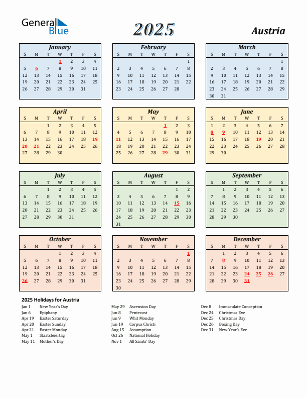 Austria Calendar 2025 with Sunday Start