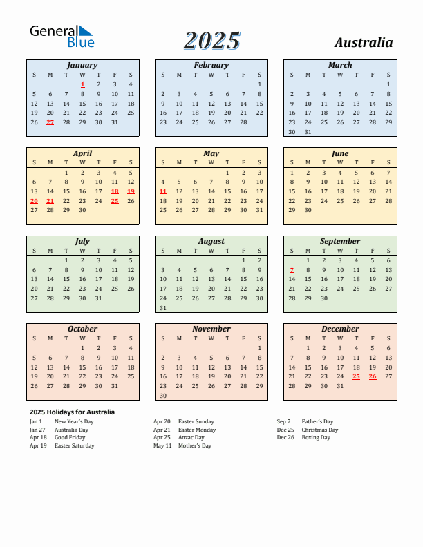 Australia Calendar 2025 with Sunday Start