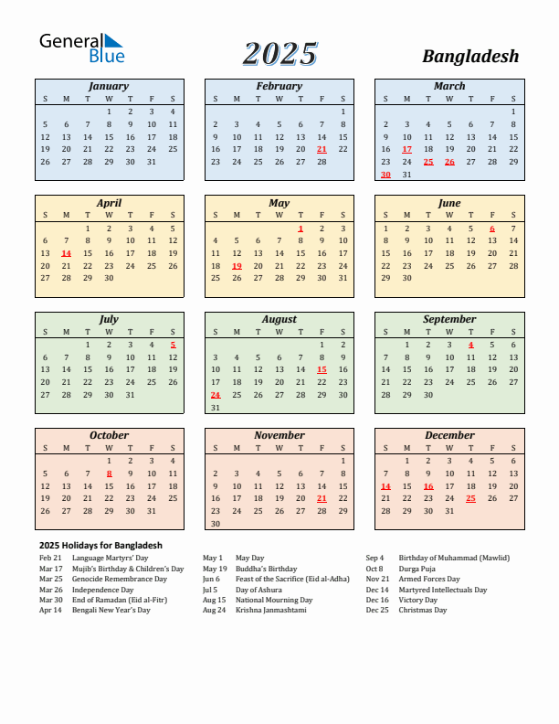 Bangladesh Calendar 2025 with Sunday Start