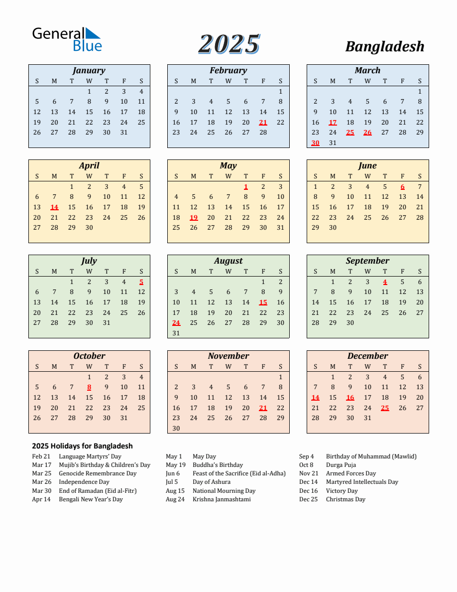 2025 Bangladesh Calendar with Sunday Start