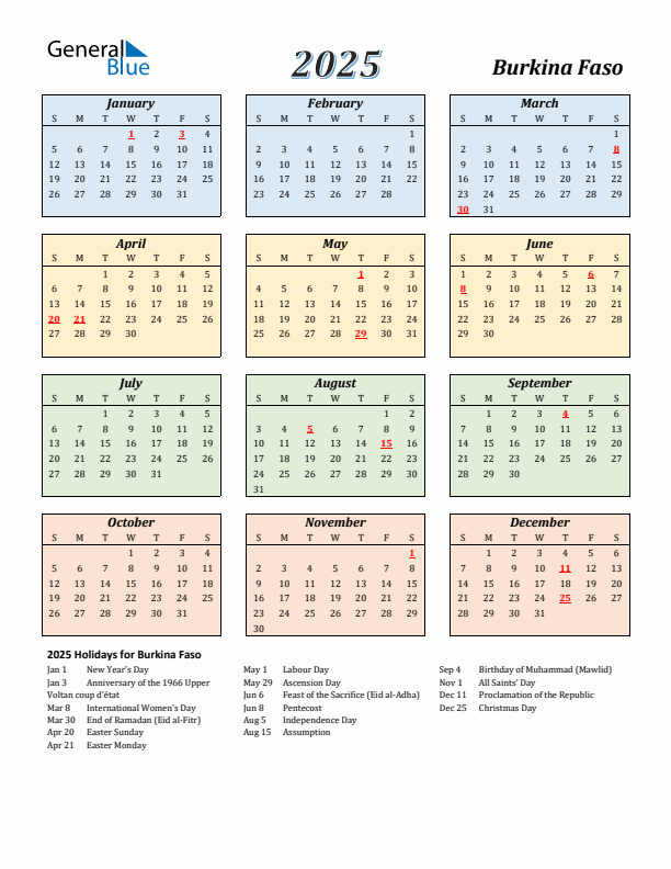 Burkina Faso Calendar 2025 with Sunday Start