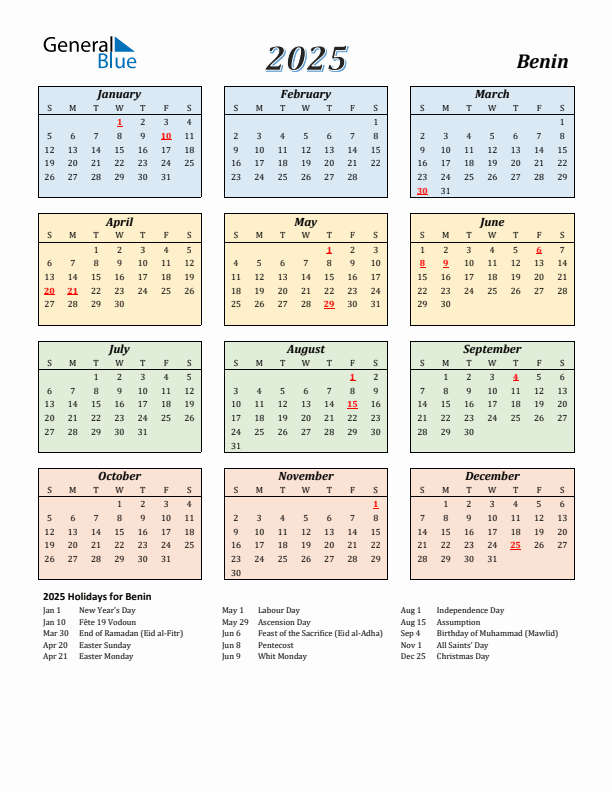 Benin Calendar 2025 with Sunday Start