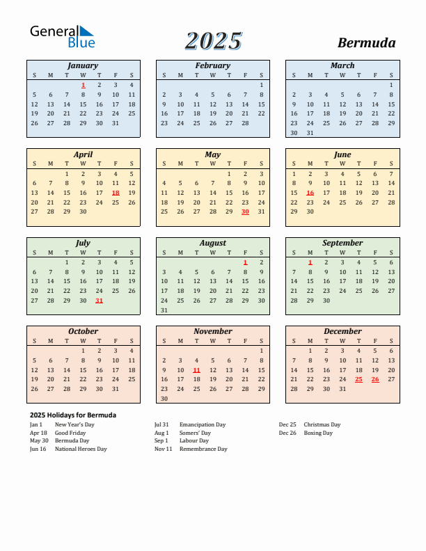 Bermuda Calendar 2025 with Sunday Start
