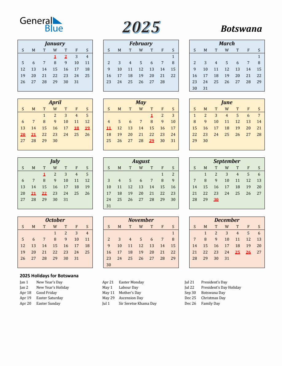 2025 Botswana Calendar with Sunday Start