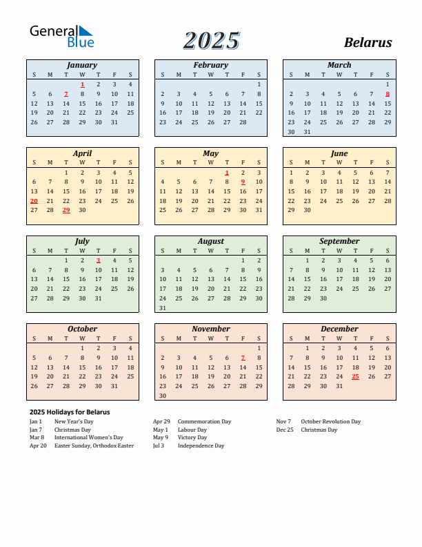 Belarus Calendar 2025 with Sunday Start