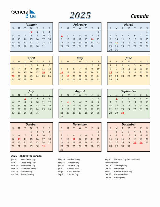 Canada Calendar 2025 with Sunday Start