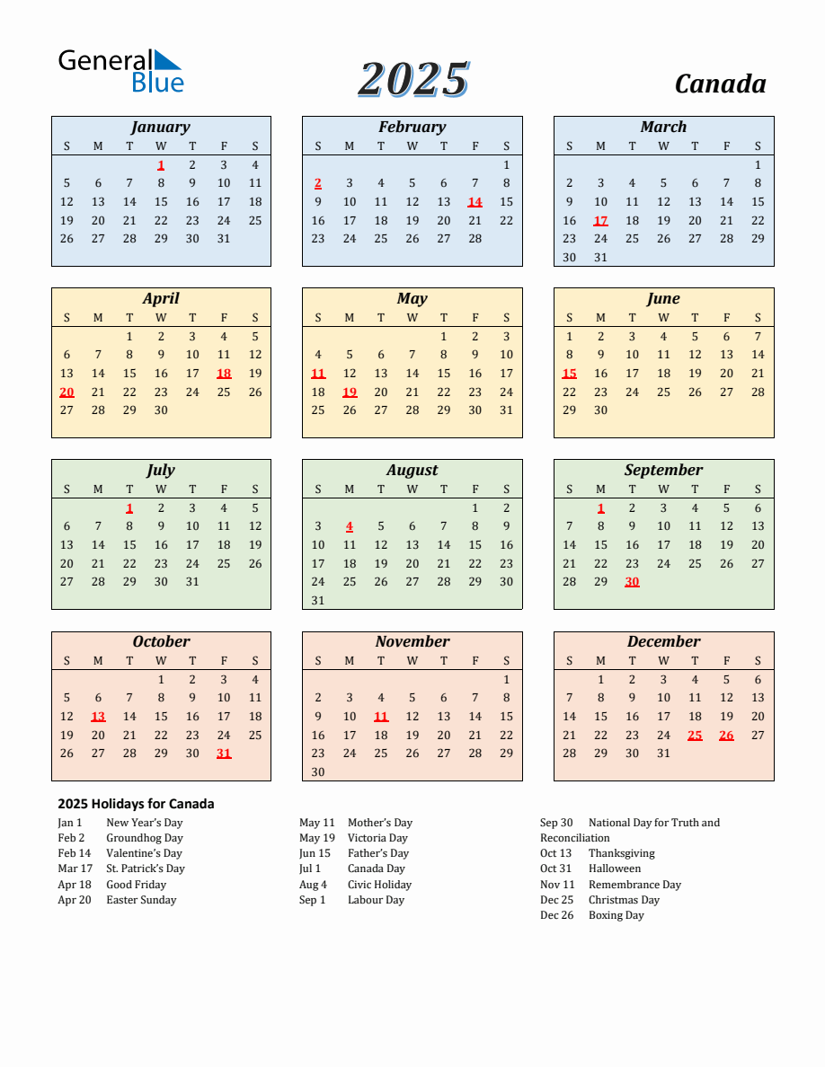 2025 Canada Calendar with Sunday Start