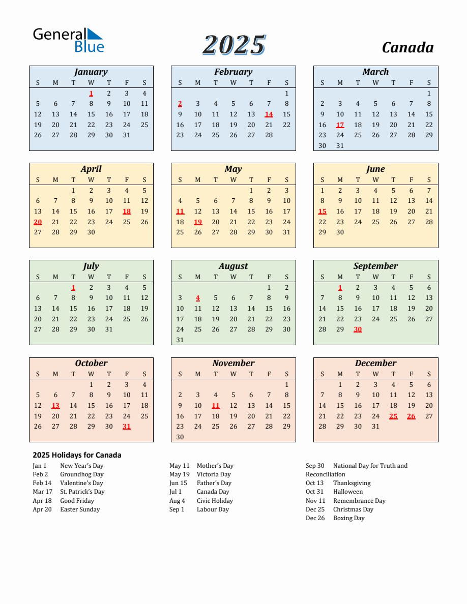 2025 Canada Calendar With Sunday Start