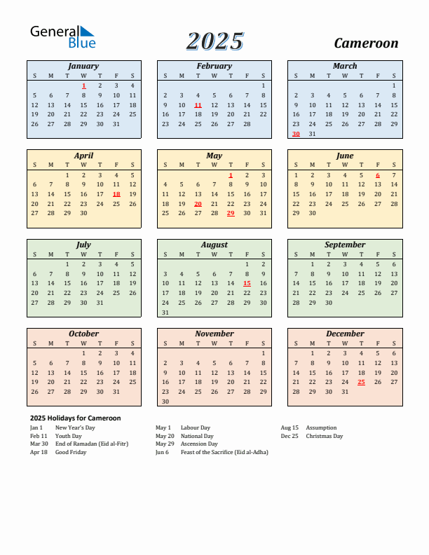 Cameroon Calendar 2025 with Sunday Start