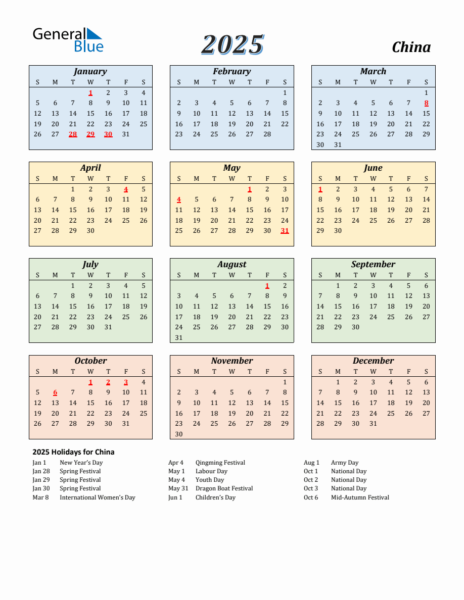 2025 China Calendar with Sunday Start