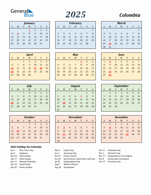 Colombia Calendar 2025 with Sunday Start