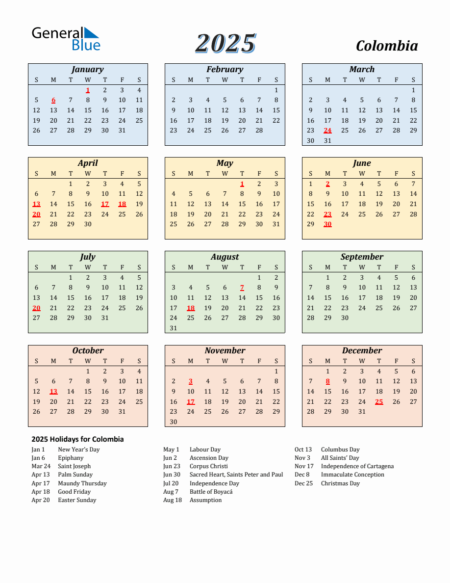 2025 Colombia Calendar with Sunday Start