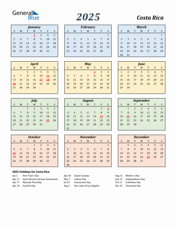 Costa Rica Calendar 2025 with Sunday Start