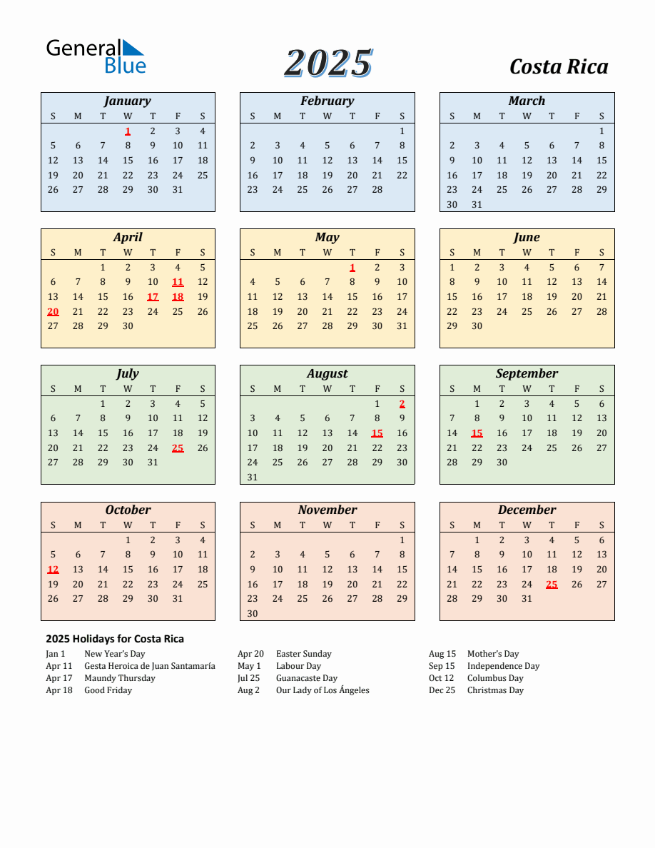 2025 Costa Rica Calendar with Sunday Start