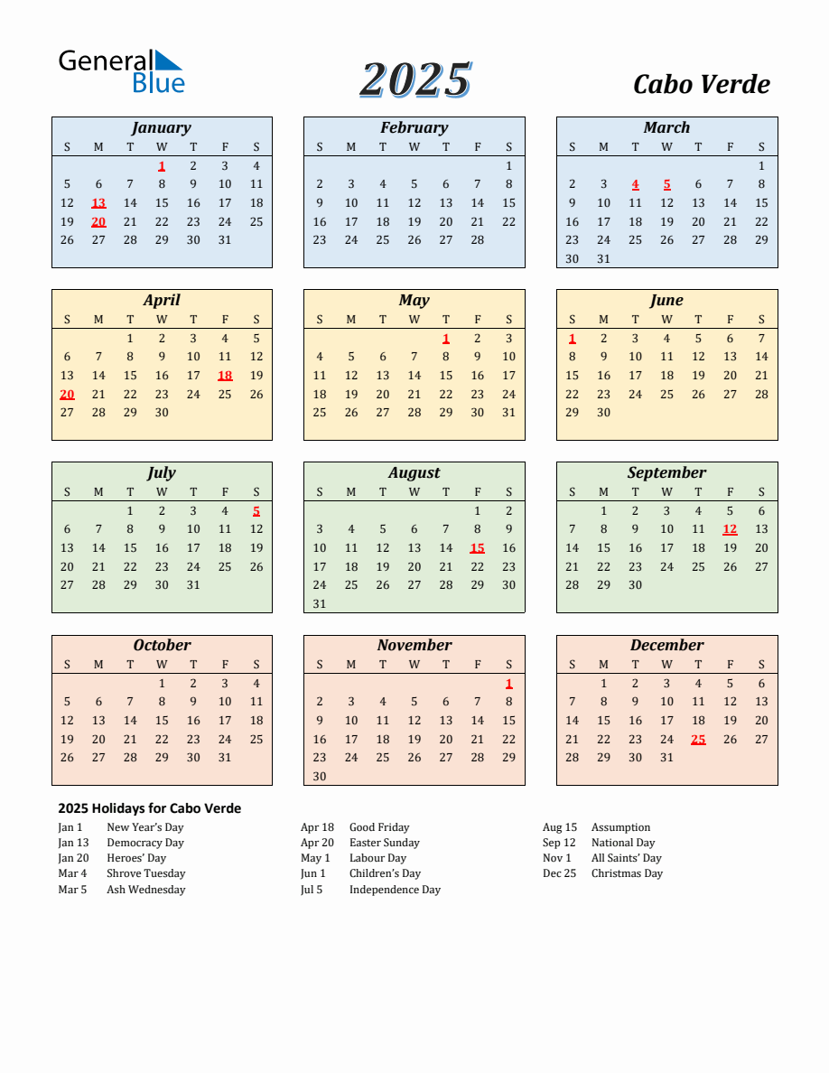 2025 Cabo Verde Calendar with Sunday Start