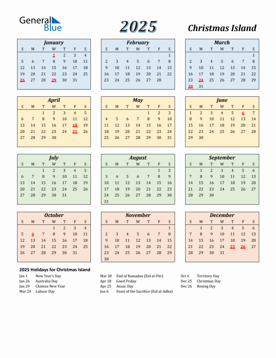 2025 Christmas Island Calendar with Sunday Start