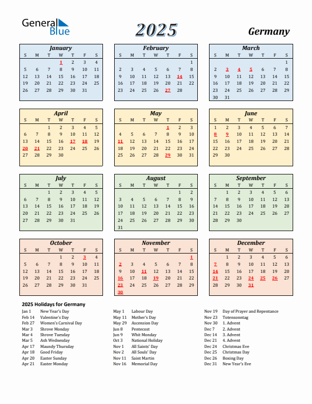 Germany Calendar 2025 with Sunday Start